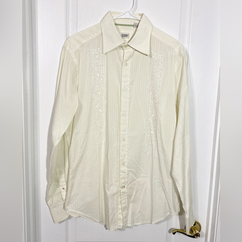 Y2K Guess Embroidered Striped Button Front Shirt Green White Men’s Large